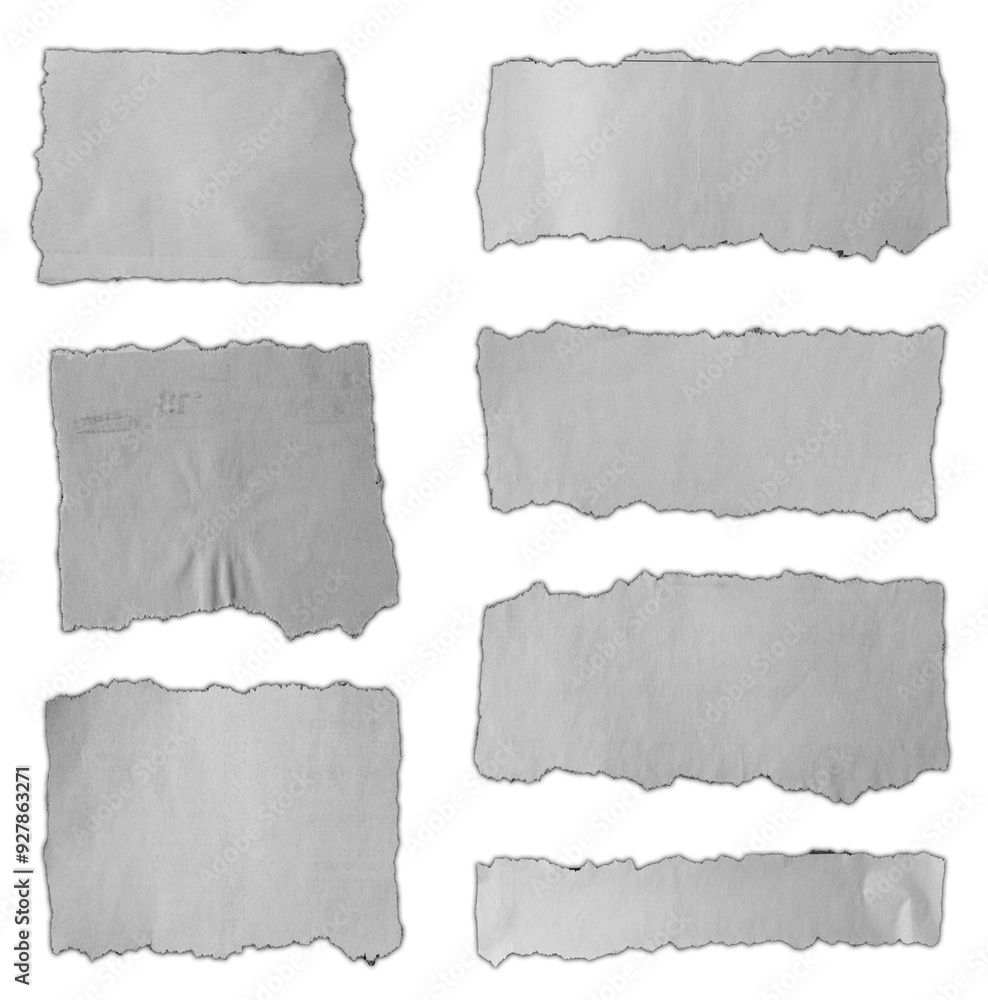 Seven pieces of torn paper on white background Seven pieces of torn paper on white background