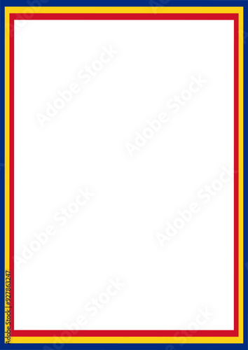 A4 frame with tricolor ribbon border in the colors of the Romanian flag, blank, with copy space