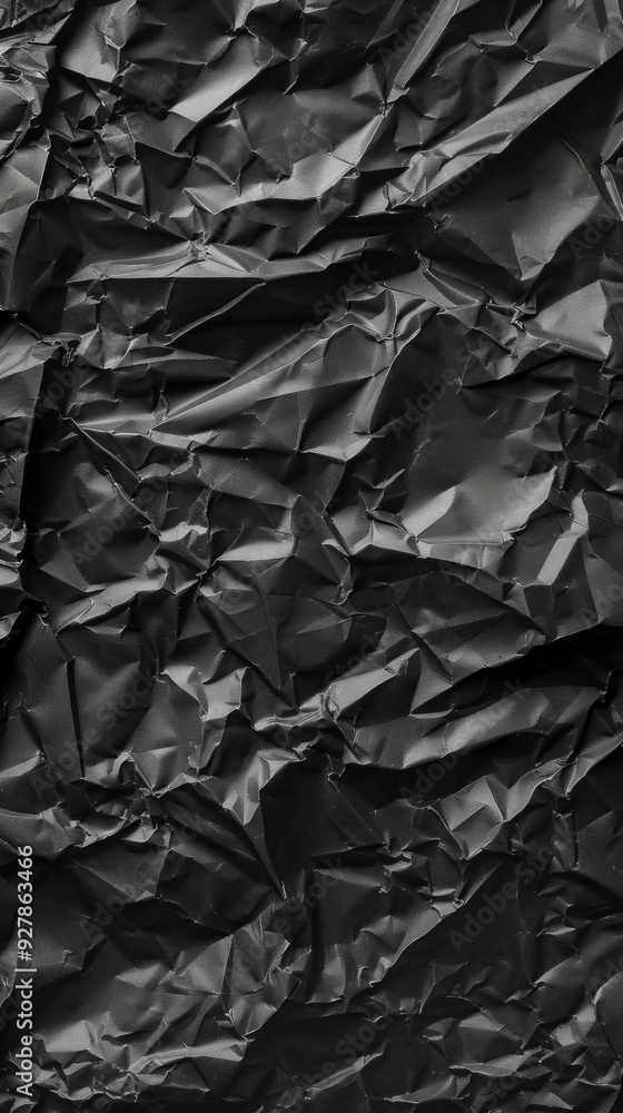 The surface displays a complex arrangement of creased black paper, offering a rich texture and depth perfect for various artistic applications The surface displays a complex arrangement of creased black paper, offering a rich texture and depth perfect for various artistic applications