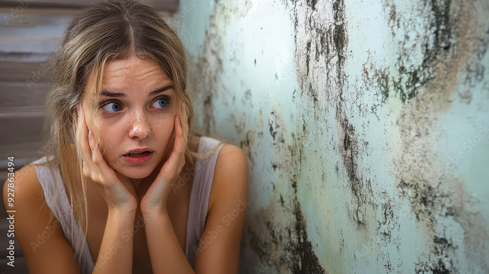 Shocked Woman Discovering Mold on Wall in Home Interior - Indoor Environmental Hazard and Home Maintenance Issue Depiction Shocked Woman Discovering Mold on Wall in Home Interior - Indoor Environmental Hazard and Home Maintenance Issue Depiction
