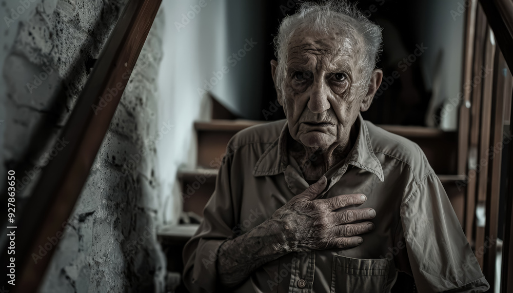 An old man is sitting on a staircase with his hand on his chest. He looks sad and is possibly suffering from a heart condition An old man is sitting on a staircase with his hand on his chest. He looks sad and is possibly suffering from a heart condition