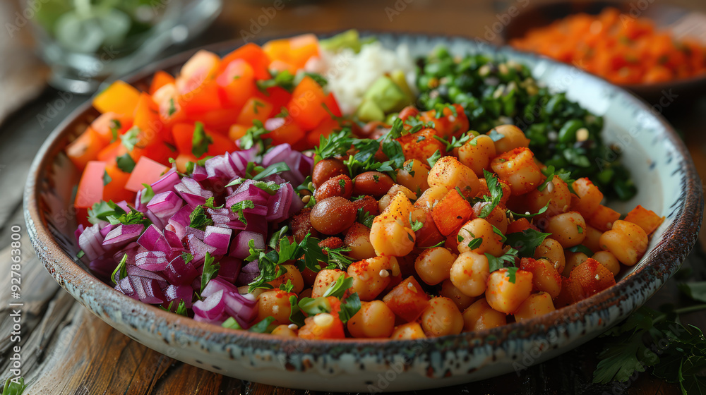 A colorful and nutritious plant-based meal, beautifully arranged on a plate, highlighting vegan cuisine A colorful and nutritious plant-based meal, beautifully arranged on a plate, highlighting vegan cuisine
