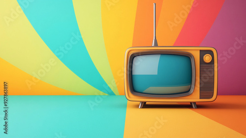 Vintage analog tv on a retro colorful background photo