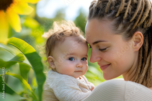 Mother Holding Baby in Sunflower Garden