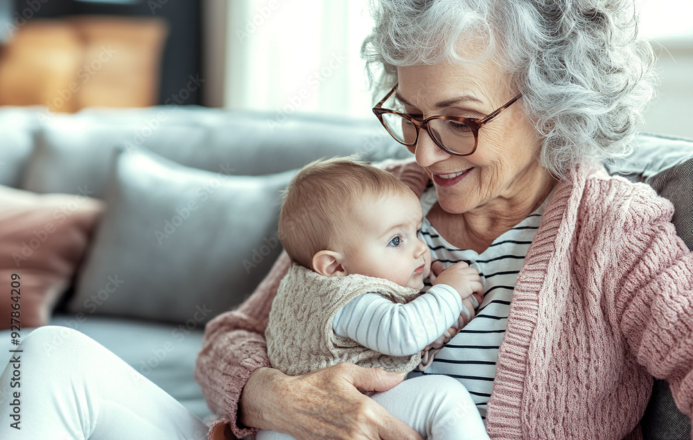 Grandmother holding her baby grandson on the sofa. Grandmother holding her baby grandson on the sofa.