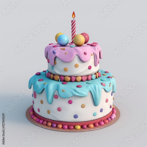 A festive birthday cake on a white background, featuring vibrant decorations and candles, ready to be enjoyed as a centerpiece for a memorable celebration.