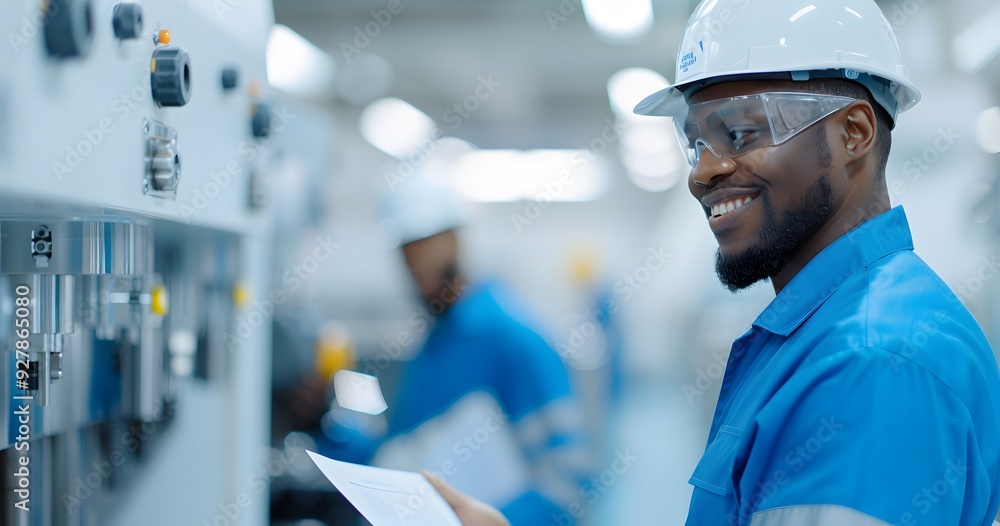 A male engineer in a hard hat and safety glasses reading papers in an industrial plant A male engineer in a hard hat and safety glasses reading papers in an industrial plant
