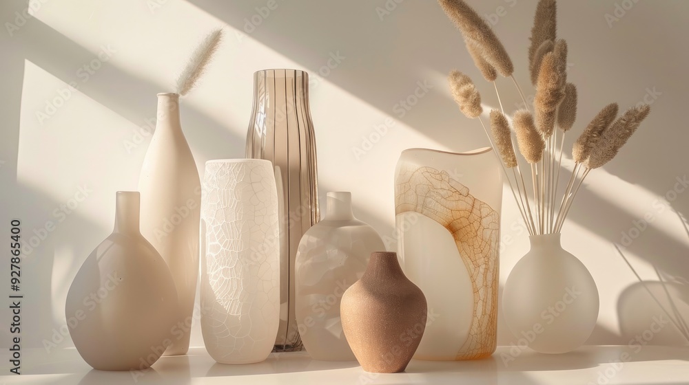 Modern Glass and Ceramic Vases with Various Designs in Natural Light Setting Modern Glass and Ceramic Vases with Various Designs in Natural Light Setting