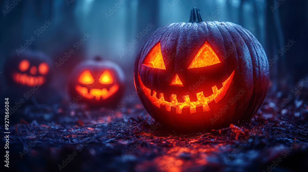 Glowing jack-o'-lanterns in a dark, eerie forest, symbolizing Halloween with spooky carved faces and mysterious atmosphere Glowing jack-o'-lanterns in a dark, eerie forest, symbolizing Halloween with spooky carved faces and mysterious atmosphere