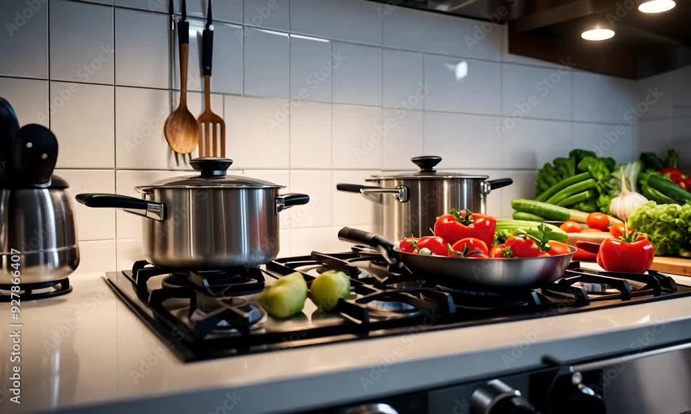 Modern Kitchen with Fresh Vegetables and Cooking Pot Modern Kitchen with Fresh Vegetables and Cooking Pot