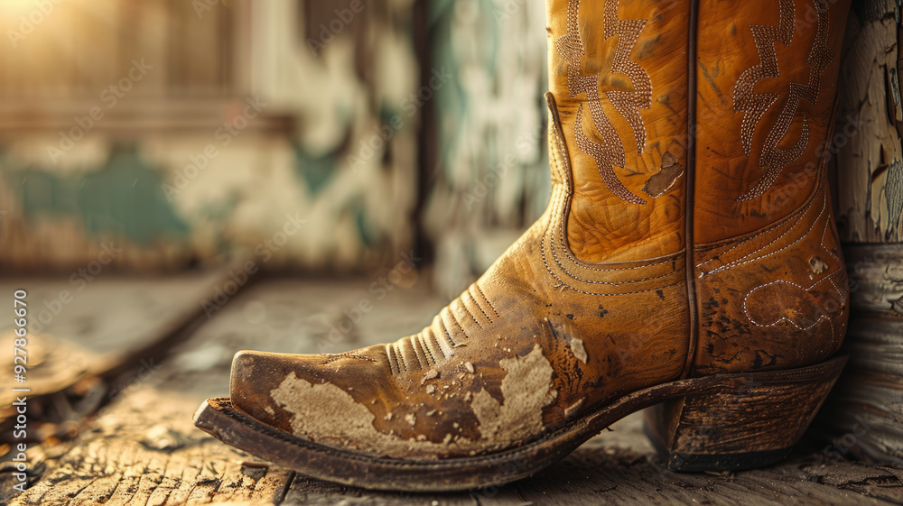 Close-up of a weathered cowboy boot on a wooden floor. Close-up of a weathered cowboy boot on a wooden floor.
