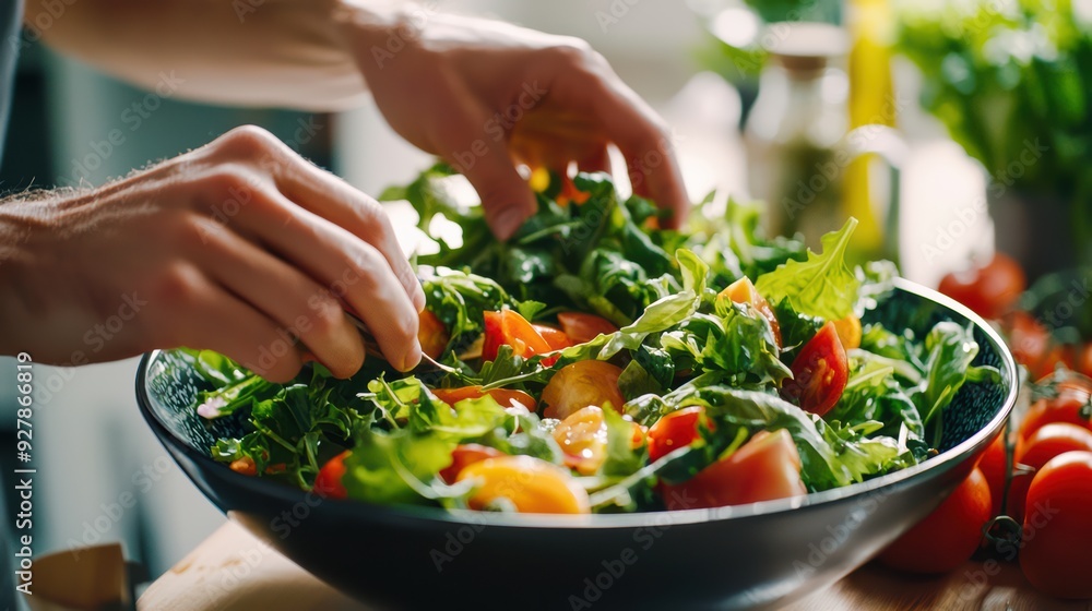 Close-up of hands preparing a vibrant salad with fresh vegetables in a modern kitchen, featuring greens, ripe tomatoes, and a variety of fresh produce.
Close-up of hands preparing a vibrant salad with fresh vegetables in a modern kitchen, featuring greens, ripe tomatoes, and a variety of fresh produce.