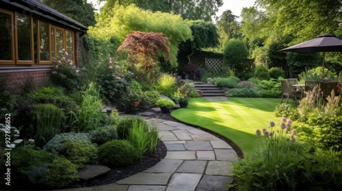 Stone path leading through a lush green garden with a patio set and a sun umbrella.