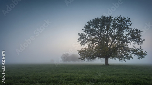 A solitary tree in a foggy field stands tall amidst mist, evoking a serene and tranquil atmosphere.