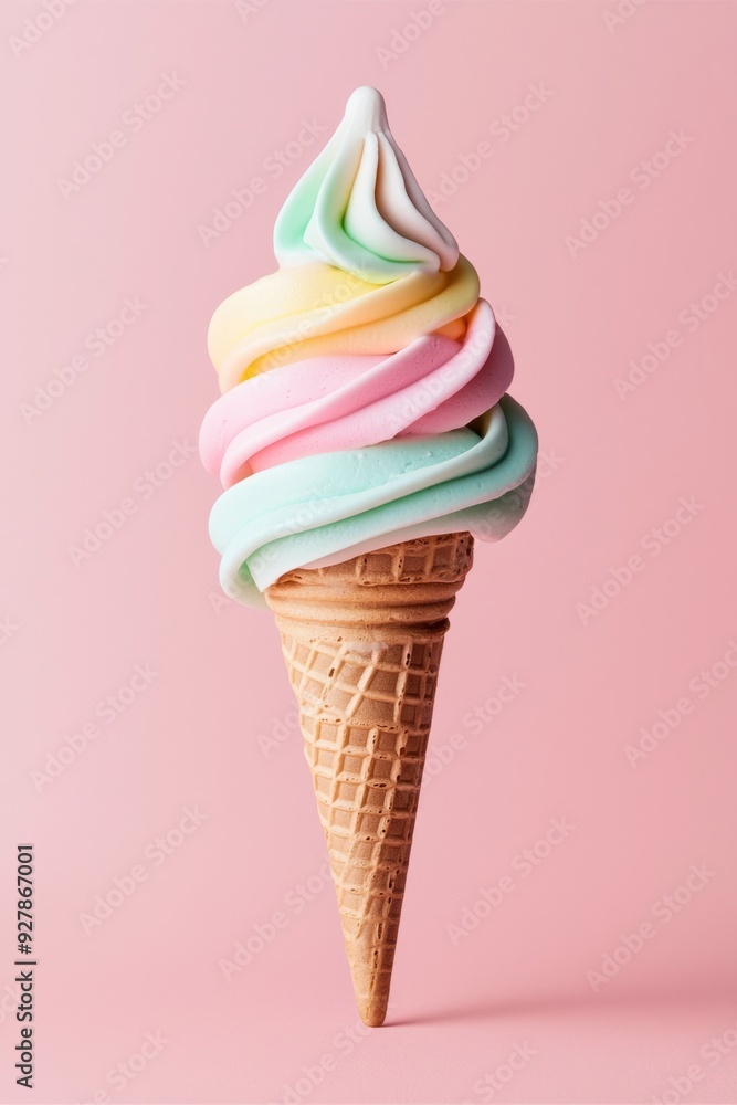 A single ice cream cone with three layers of soft-serve ice cream in pastel rainbow colors A single ice cream cone with three layers of soft-serve ice cream in pastel rainbow colors