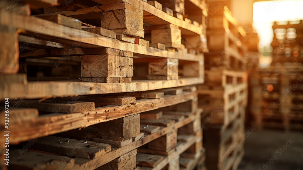Stacked wood pallets in a warehouse with sunlight. Stacked wood pallets in a warehouse with sunlight.