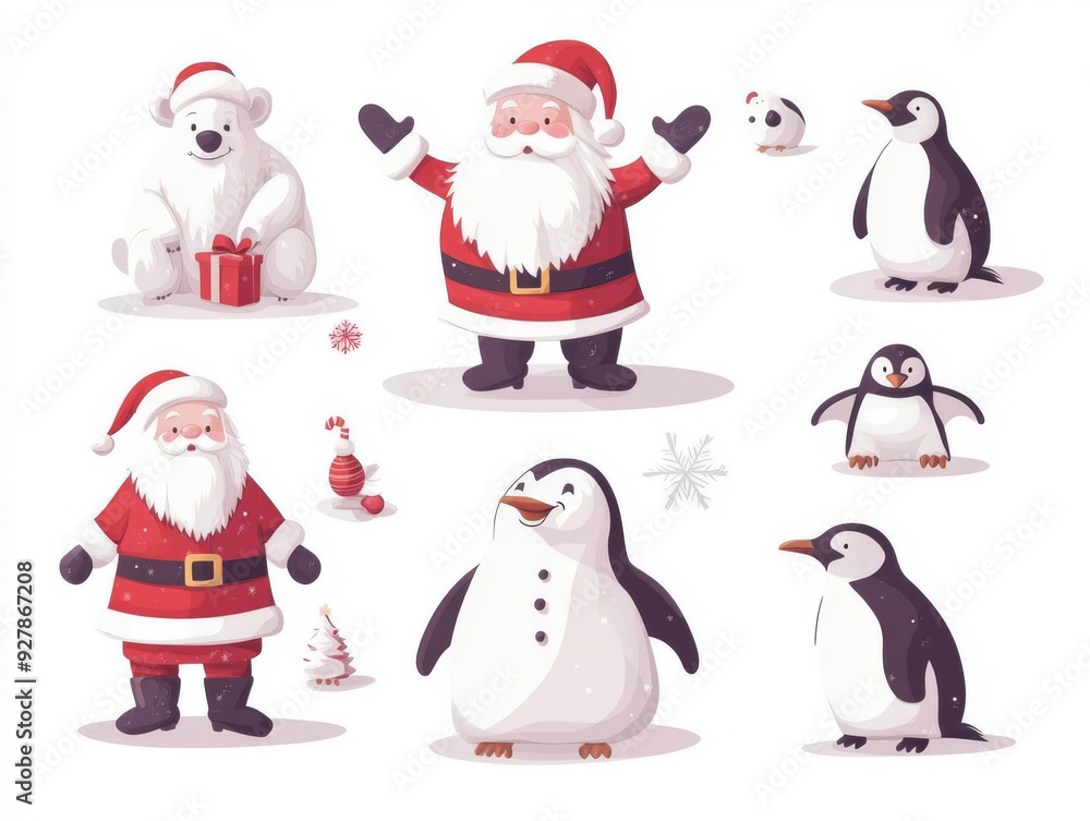 Obraz premium A set of Santa Claus with animals, surrounded by friendly creatures like polar bears and penguins, flat , isolated on white background