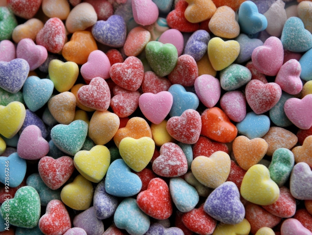 Heart-shaped candies scattered across a surface. Heart-shaped candies scattered across a surface.