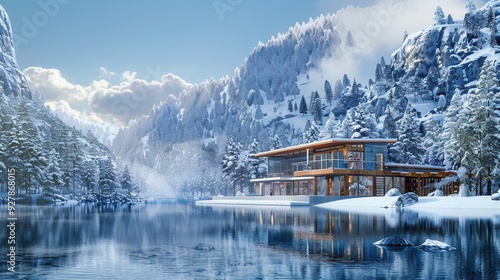 Fototapeta Naklejka Na Ścianę i Meble -  Vacation house with winter scenic view by lake