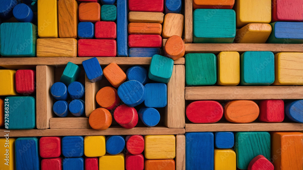 Colorful arrangement of wooden blocks in various shapes and sizes creating an abstract pattern. Colorful arrangement of wooden blocks in various shapes and sizes creating an abstract pattern.