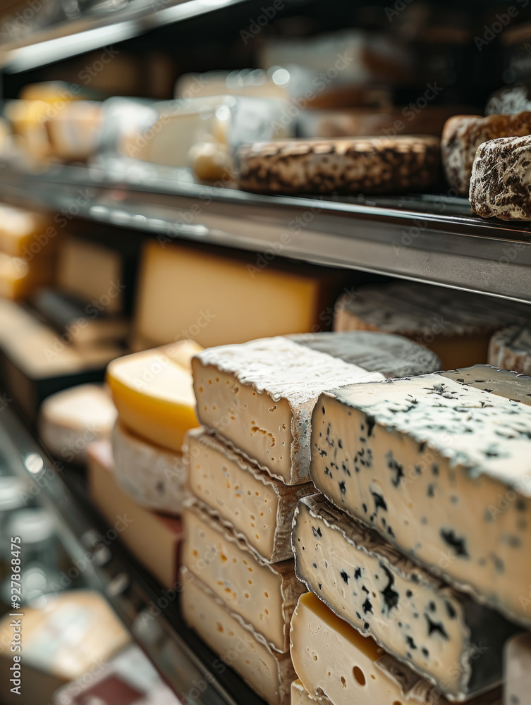 Variety of cheeses displayed on a supermarket shelf. Variety of cheeses displayed on a supermarket shelf.