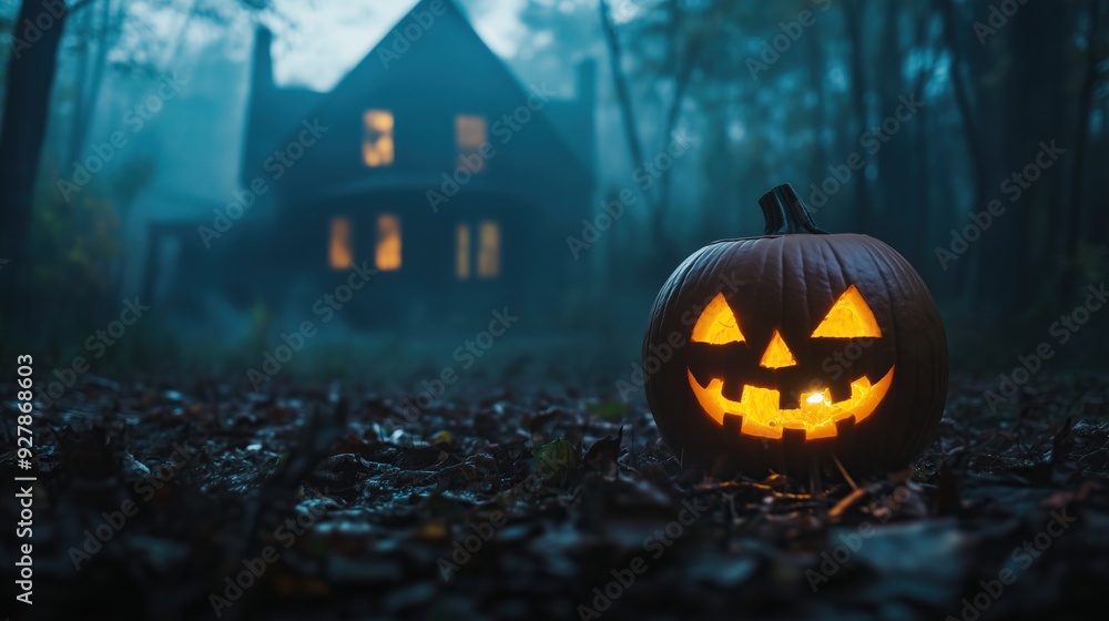 A glowing jack-o'-lantern in a dark A glowing jack-o'-lantern in a dark