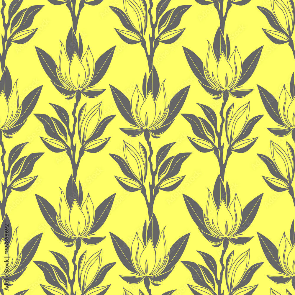 seamless gray graphic floral pattern on yellow background, texture seamless gray graphic floral pattern on yellow background, texture