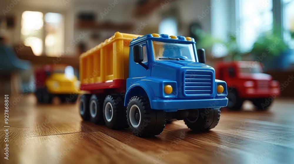 Colorful Plastic Toy Dump Truck Placed on Wooden Floor Inside a Bright Room, Children's Play Vehicle, Vibrant Colors, Indoor Toy, Playtime Fun Colorful Plastic Toy Dump Truck Placed on Wooden Floor Inside a Bright Room, Children's Play Vehicle, Vibrant Colors, Indoor Toy, Playtime Fun
