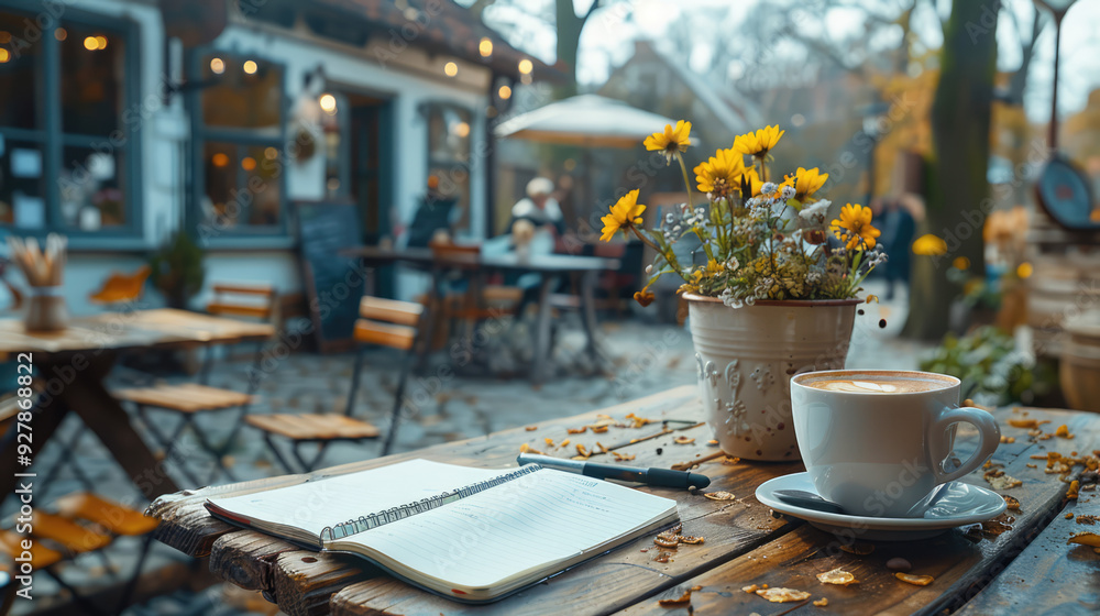 A cozy cafe scene with a digital nomad engaged in remote work, surrounded by coffee and notebooks A cozy cafe scene with a digital nomad engaged in remote work, surrounded by coffee and notebooks