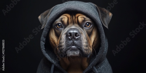 portrait of a big black dog in a hoody photo