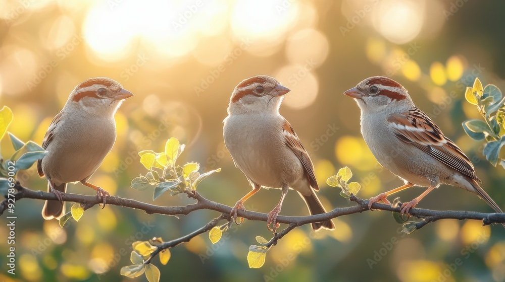 Three Sparrow Birds Sitting on a Tree Branch with Sunlight Filtering Through Leaves, Nature Photography, Detailed Bird Feathers, Bright Green Foliage, Peaceful Morning Three Sparrow Birds Sitting on a Tree Branch with Sunlight Filtering Through Leaves, Nature Photography, Detailed Bird Feathers, Bright Green Foliage, Peaceful Morning
