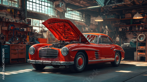 Retro Vintage Red Convertible Car with Open Hood Parked Inside a Mechanic’s Garage, Detailed Automotive Restoration Work, Classic Vehicle, Automotive Workshop photo