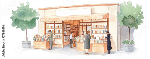 A charming illustration of a quaint shop with shelves stocked with various items and customers browsing outside. watercolor style. photo