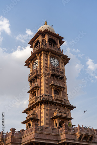 Jodhpur, India - March 23, 2024: The famous clock tower and people at Sardar Market in the historic city centre. photo