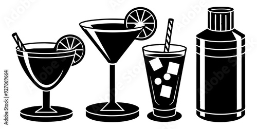Silhouette of four drinks and a shaker in black and white