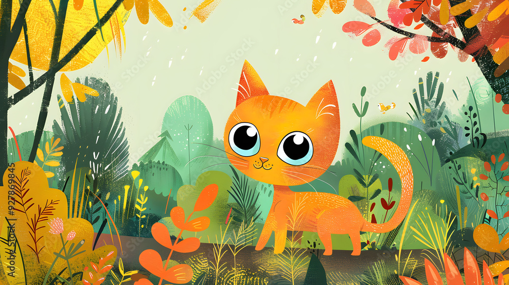 Cute Orange Cat In A Lush Green Forest With Vibrant Colors And A Whimsical Atmosphere. Cute Orange Cat In A Lush Green Forest With Vibrant Colors And A Whimsical Atmosphere.