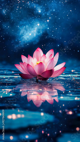 A pink lotus flower reflects on the tranquil water surface. Cell phone background.