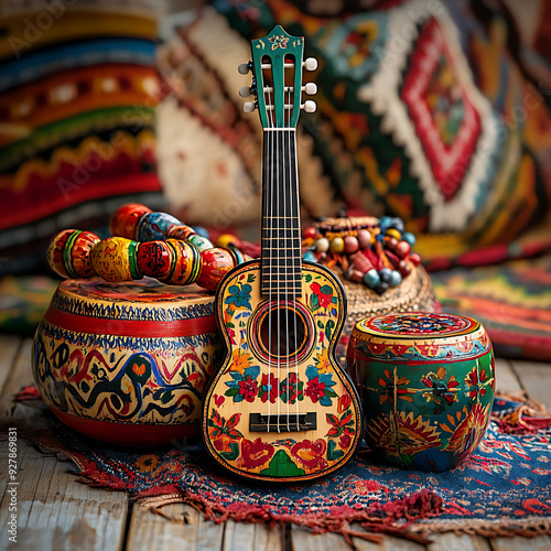 A still life arrangement of traditional Hispanic musical instruments.