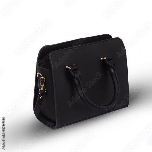 black leather women handbag isolated on white background photo