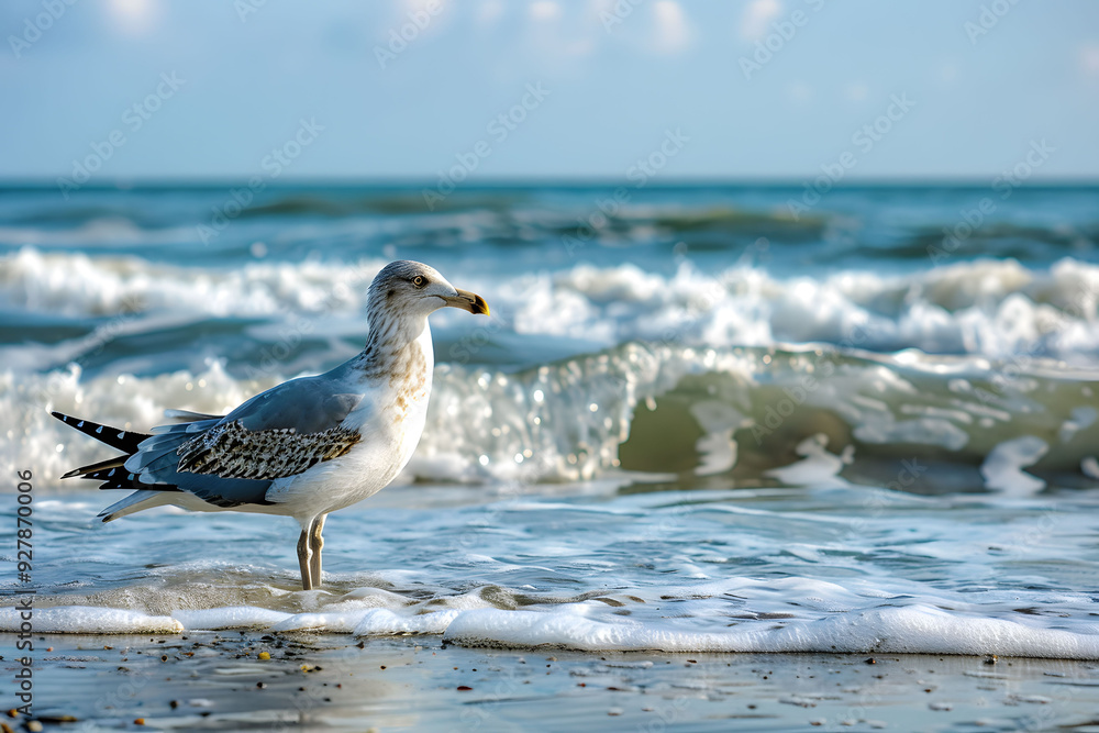 Seagull Standing on Sandy Beach with Blue Ocean Waves in Background. Seagull Standing on Sandy Beach with Blue Ocean Waves in Background.