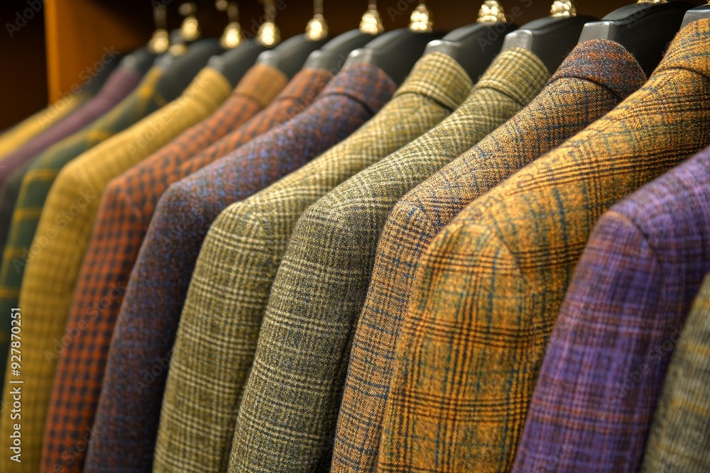 Obraz premium A variety of vintage style blazers in earthy tones hanging in a well lit boutique evoking a sense of timeless fashion and classic menswear for a sophisticated and refined wardrobe