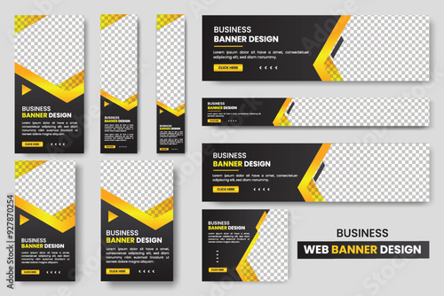  set of creative web banners of standard size with a place for photos. Gradient black. Business ad banner. Vertical, horizontal and square template. 