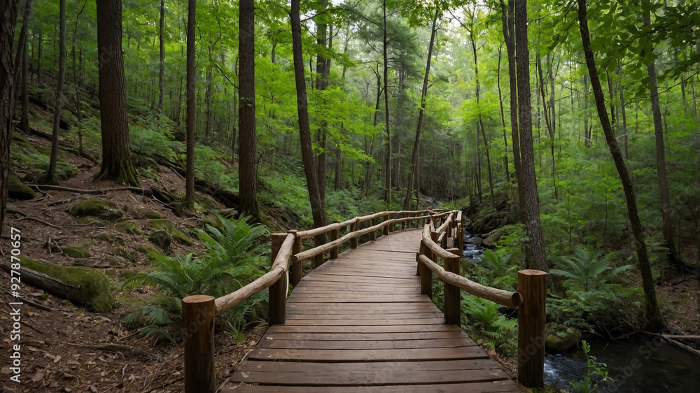 Forest trail winding along a serene lake surrounded by lush green trees on a calm, overcast day. Forest trail winding along a serene lake surrounded by lush green trees on a calm, overcast day.