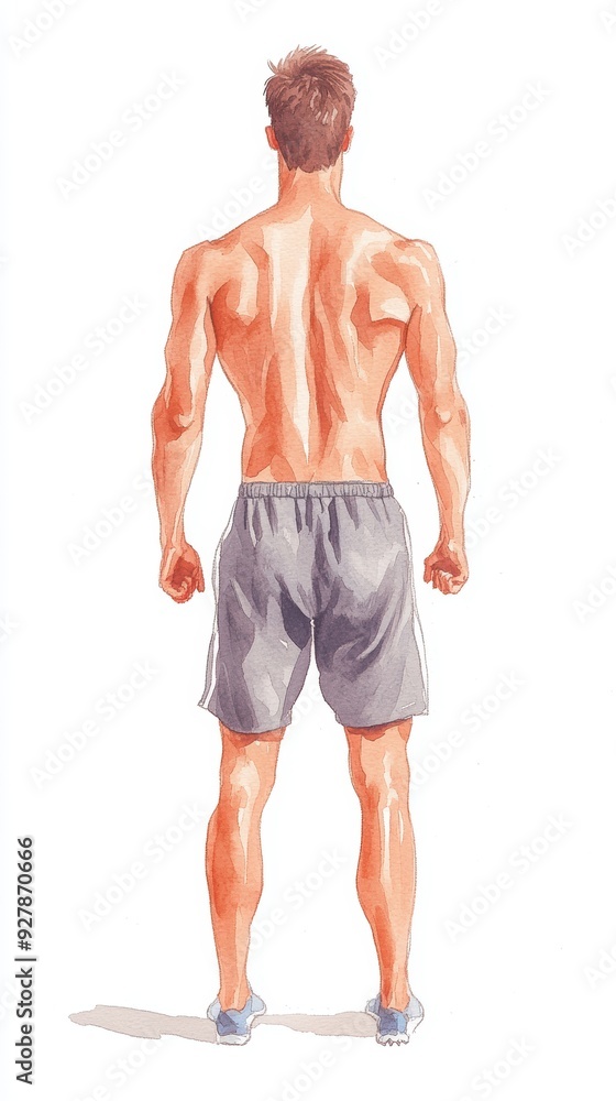 A muscular man stands confidently, showcasing a fit physique from the back in a pair of shorts, emphasizing strength and health. watercolor style. A muscular man stands confidently, showcasing a fit physique from the back in a pair of shorts, emphasizing strength and health. watercolor style.