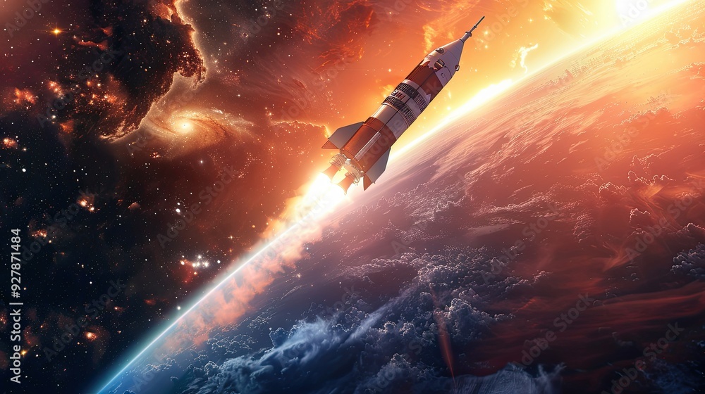 Planet earth with flying rocket among stars in universe. Planet earth with flying rocket among stars in universe.