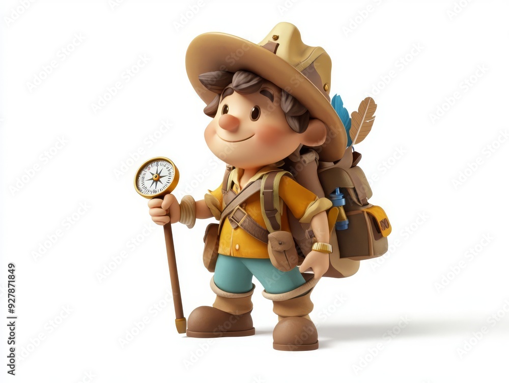 Adventure mascot, brave explorer with compass and backpack, white background, 3D illustration Adventure mascot, brave explorer with compass and backpack, white background, 3D illustration