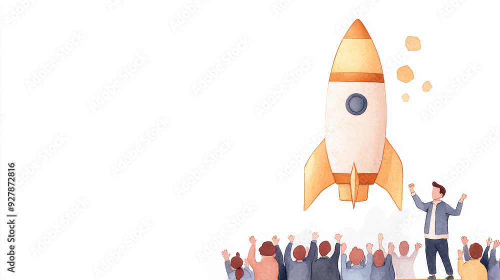 A vibrant illustration of a rocket launching, symbolizing innovation and teamwork, with cheering crowds celebrating success. watercolor style. A vibrant illustration of a rocket launching, symbolizing innovation and teamwork, with cheering crowds celebrating success. watercolor style.
