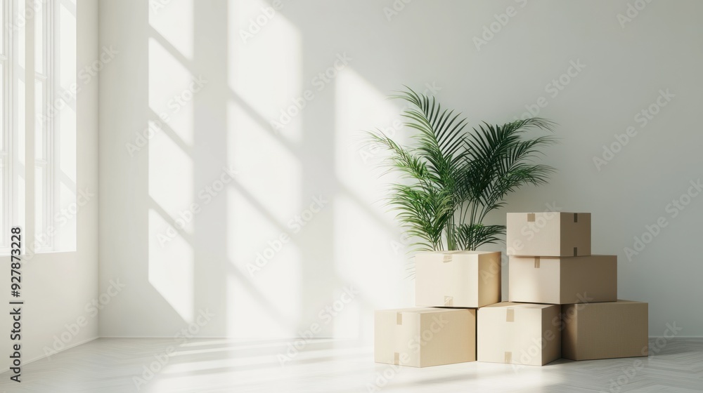 Empty Room with Cardboard Boxes and a Palm Tree Empty Room with Cardboard Boxes and a Palm Tree