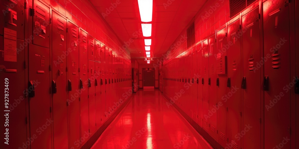 School Lockers in a High School Hallway with a Red Hue School Lockers in a High School Hallway with a Red Hue