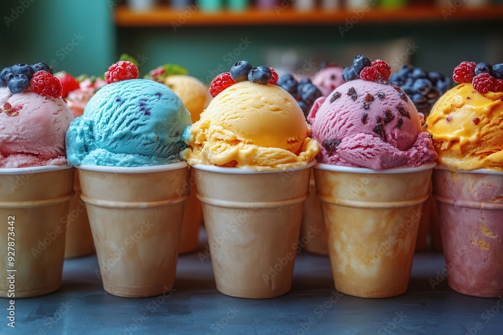 artisanal ice cream scoops in vibrant flavors and textures mouthwatering closeup showcases unique ingredients soft focus background of rustic ice cream parlor artisanal ice cream scoops in vibrant flavors and textures mouthwatering closeup showcases unique ingredients soft focus background of rustic ice cream parlor